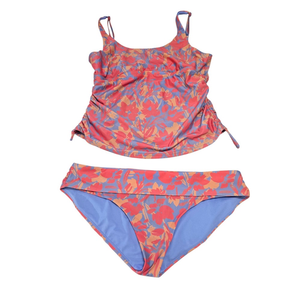 PrAna Floral Tankini Swimsuit Set XL Coral Blue Ruched Side Two Piece Swimwear